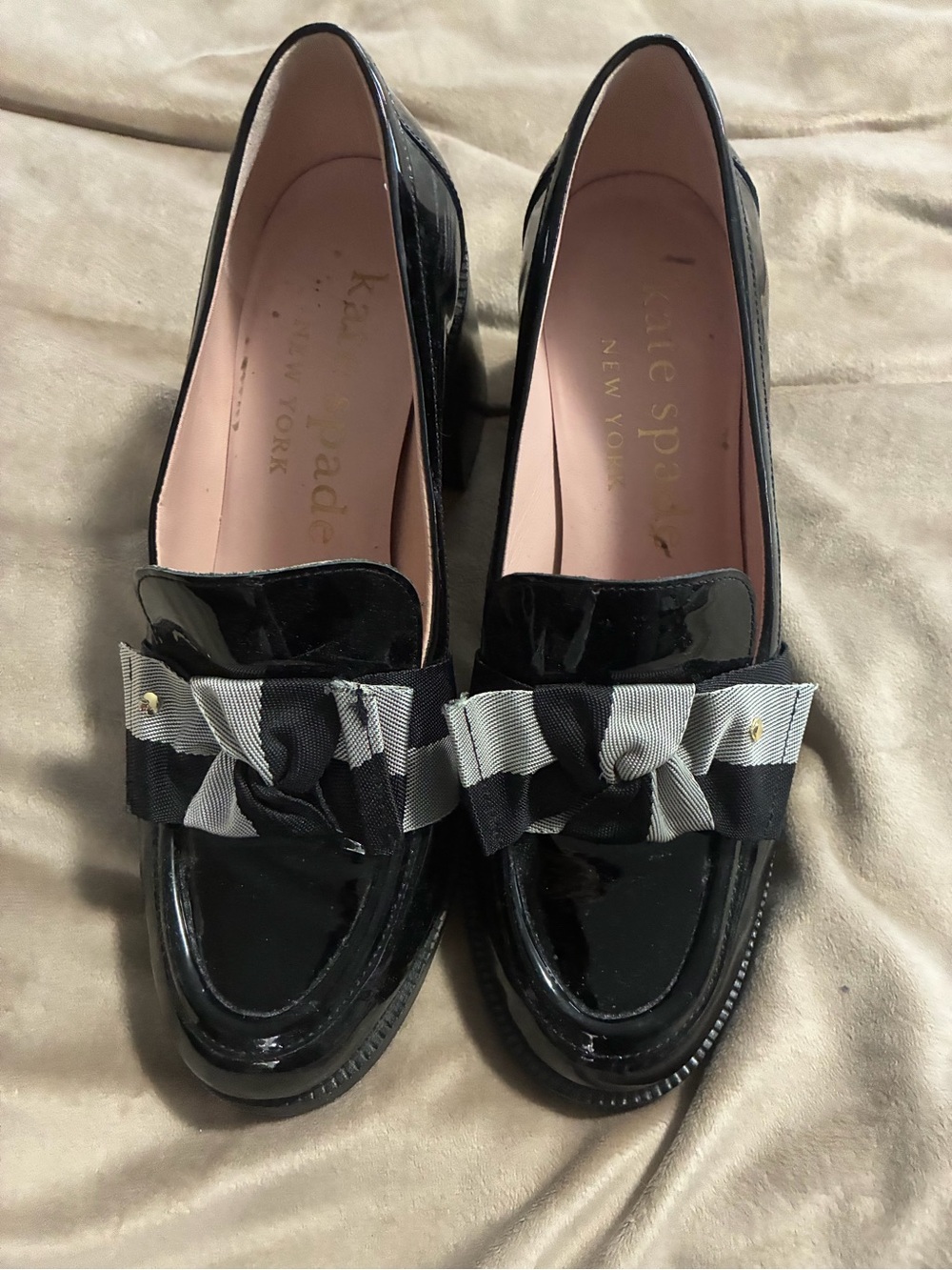 kate spade Black Patent Loafers with Striped Grosgrain Bow